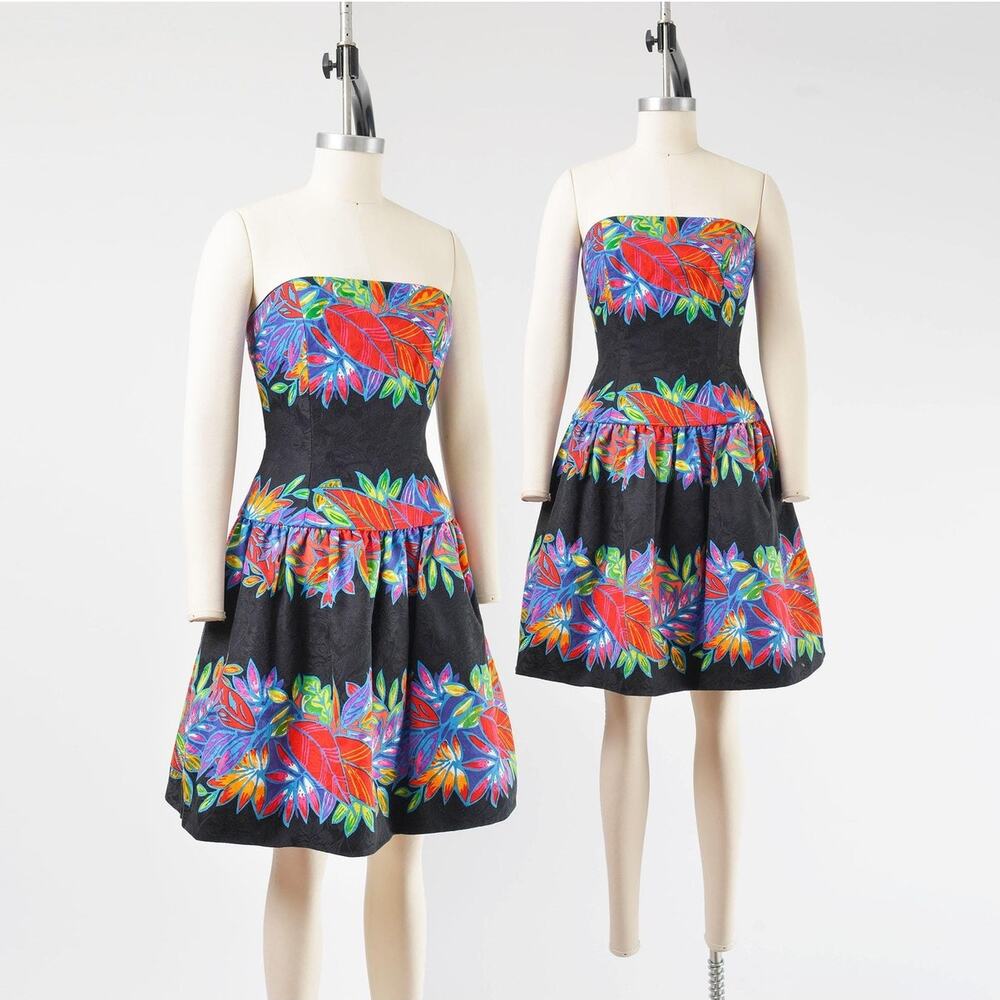 Vintage 80s Tropical Leaf Print Strapless Cotton Party Dress size S